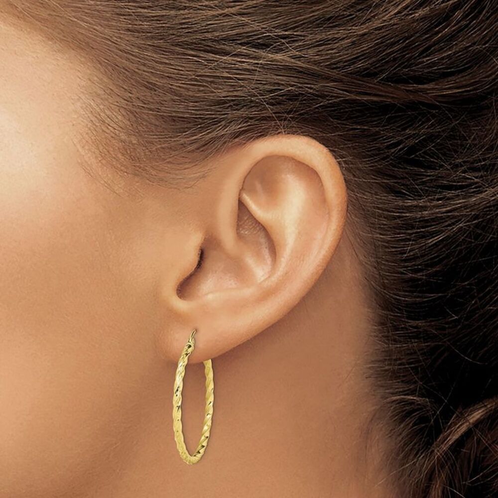 10k Yellow Gold Twisted Diamond Cut Round Hoop Earrings